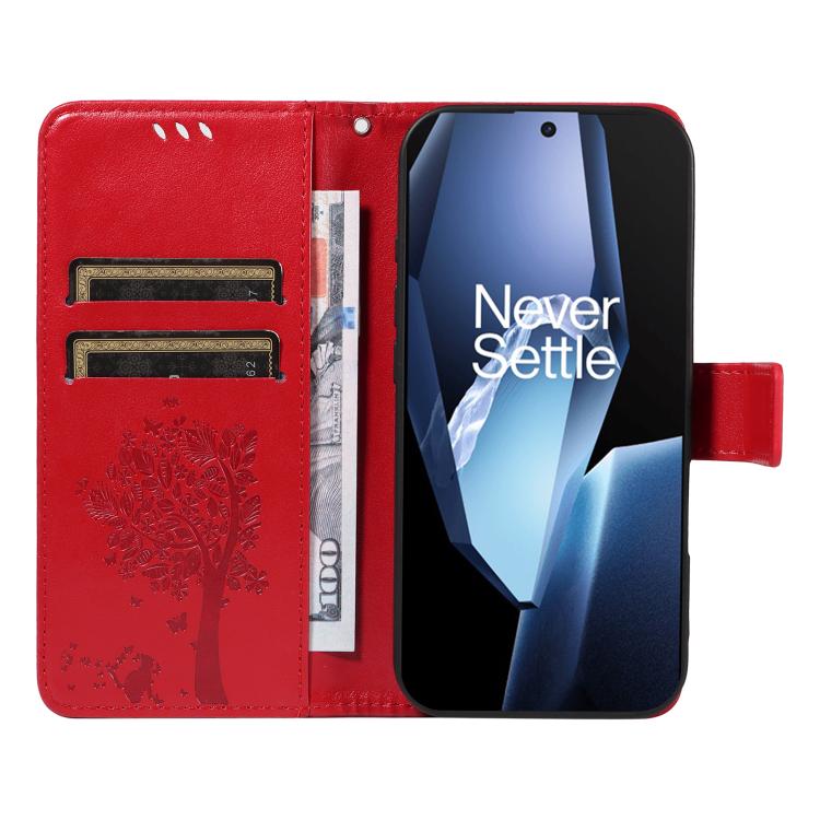 Funda de Cuero con Tapa para OnePlus 13R Global con Patrón En Relieve de Árbol y Gato (Rojo)