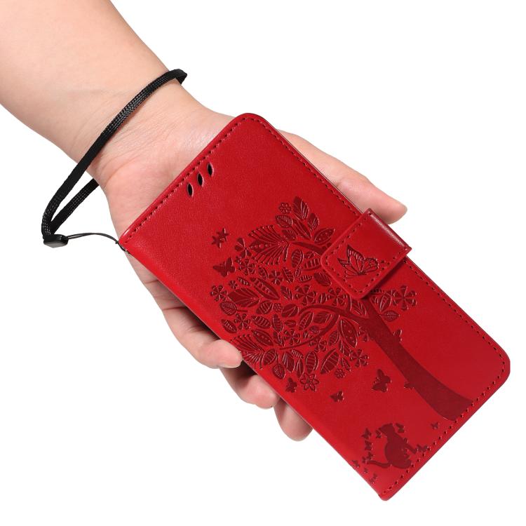 Funda de Cuero con Tapa para OnePlus 13R Global con Patrón En Relieve de Árbol y Gato (Rojo)