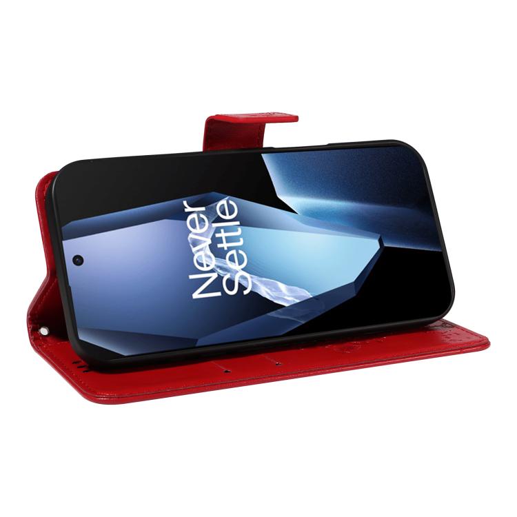 Funda de Cuero con Tapa para OnePlus 13R Global con Patrón En Relieve de Árbol y Gato (Rojo)
