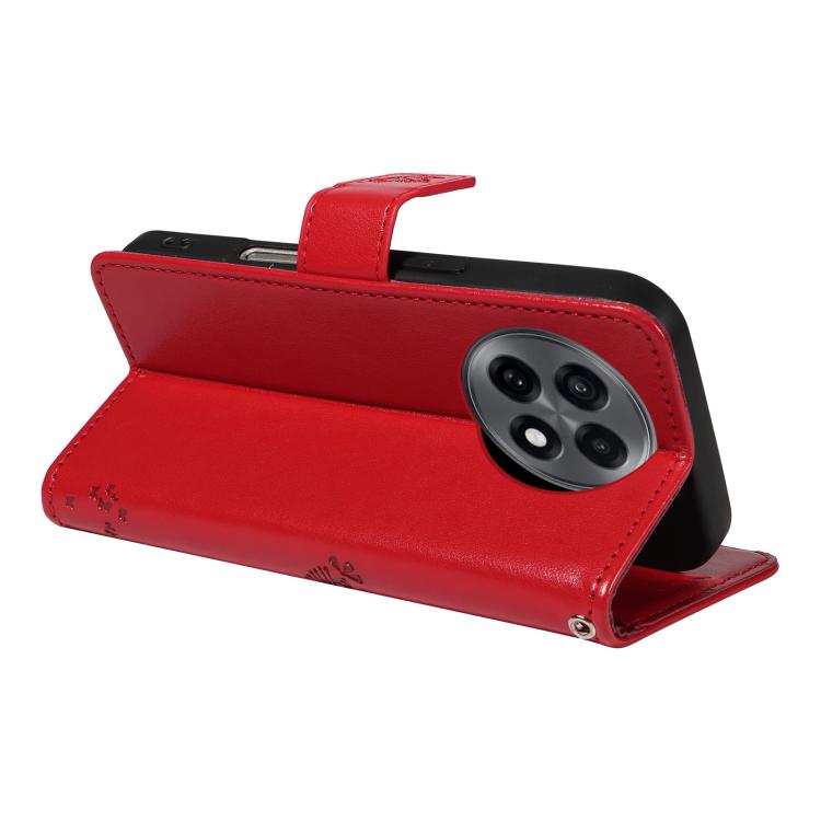 Funda de Cuero con Tapa para OnePlus 13R Global con Patrón En Relieve de Árbol y Gato (Rojo)