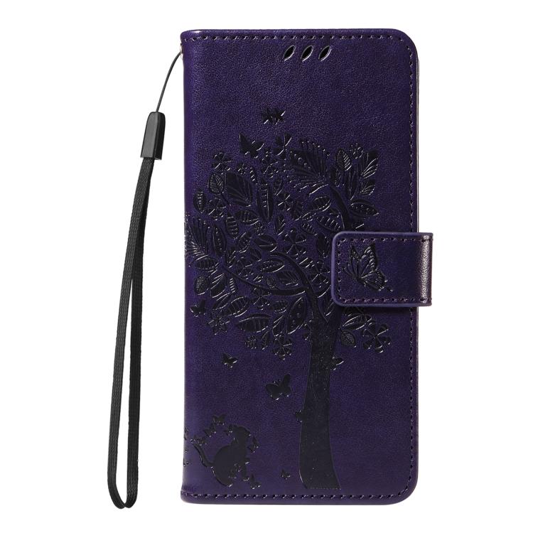 Funda de Cuero con Tapa para OnePlus 13R Global con Diseño de Árbol y Gato en Relieve (Morado)