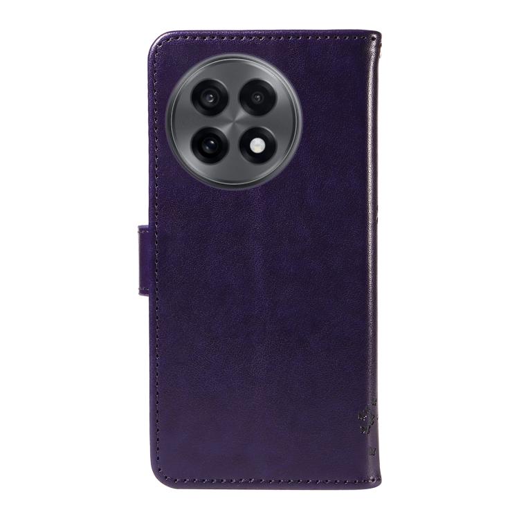 Funda de Cuero con Tapa para OnePlus 13R Global con Diseño de Árbol y Gato en Relieve (Morado)