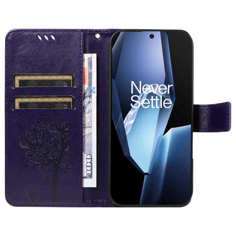 Funda de Cuero con Tapa para OnePlus 13R Global con Diseño de Árbol y Gato en Relieve (Morado)