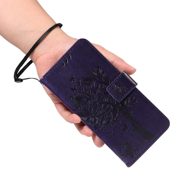 Funda de Cuero con Tapa para OnePlus 13R Global con Diseño de Árbol y Gato en Relieve (Morado)