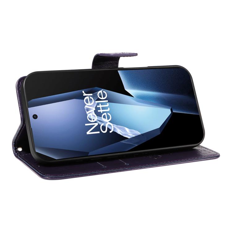 Funda de Cuero con Tapa para OnePlus 13R Global con Diseño de Árbol y Gato en Relieve (Morado)