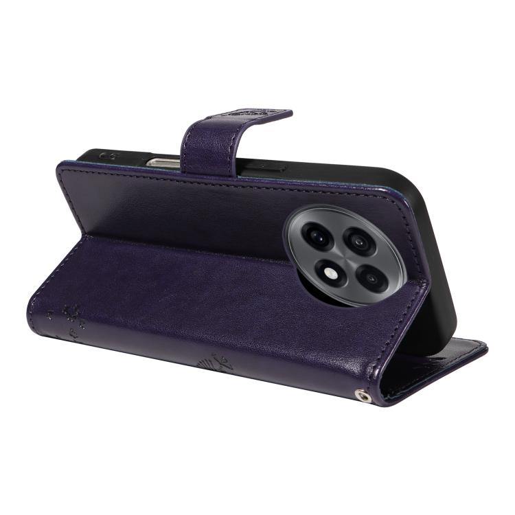 Funda de Cuero con Tapa para OnePlus 13R Global con Diseño de Árbol y Gato en Relieve (Morado)