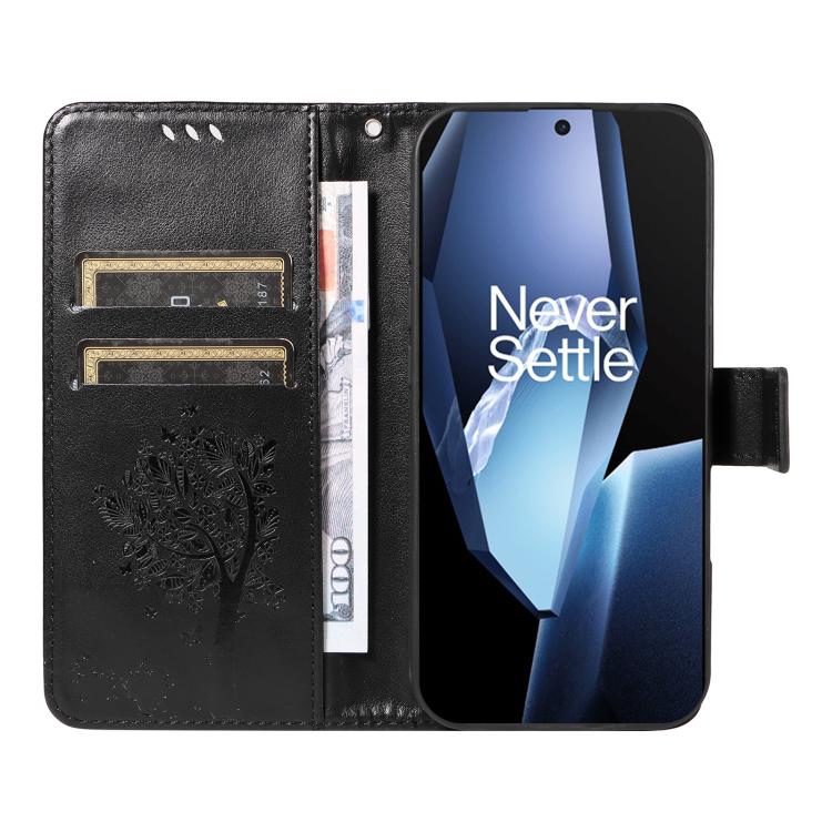 Funda de Cuero con Tapa para OnePlus 13R Global con Diseño de Árbol y Gato en Relieve (Negra)