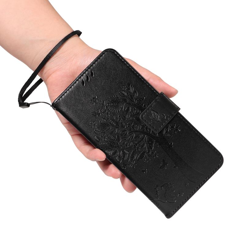 Funda de Cuero con Tapa para OnePlus 13R Global con Diseño de Árbol y Gato en Relieve (Negra)
