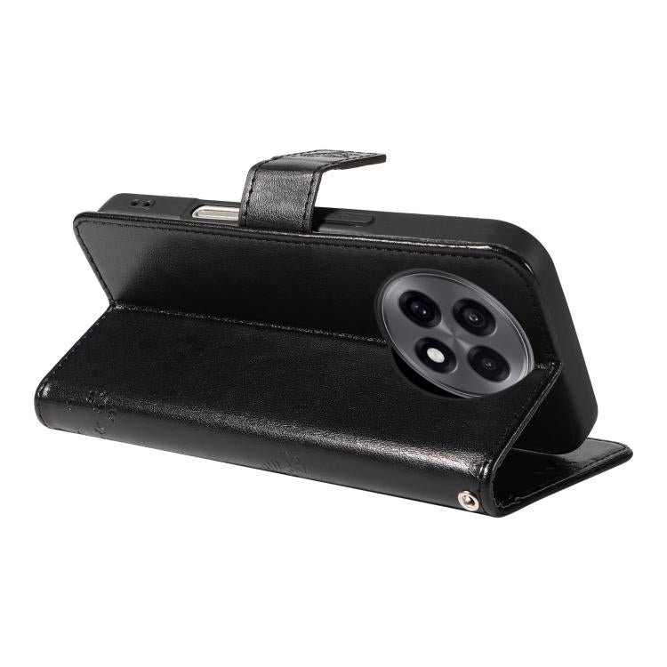 Funda de Cuero con Tapa para OnePlus 13R Global con Diseño de Árbol y Gato en Relieve (Negra)