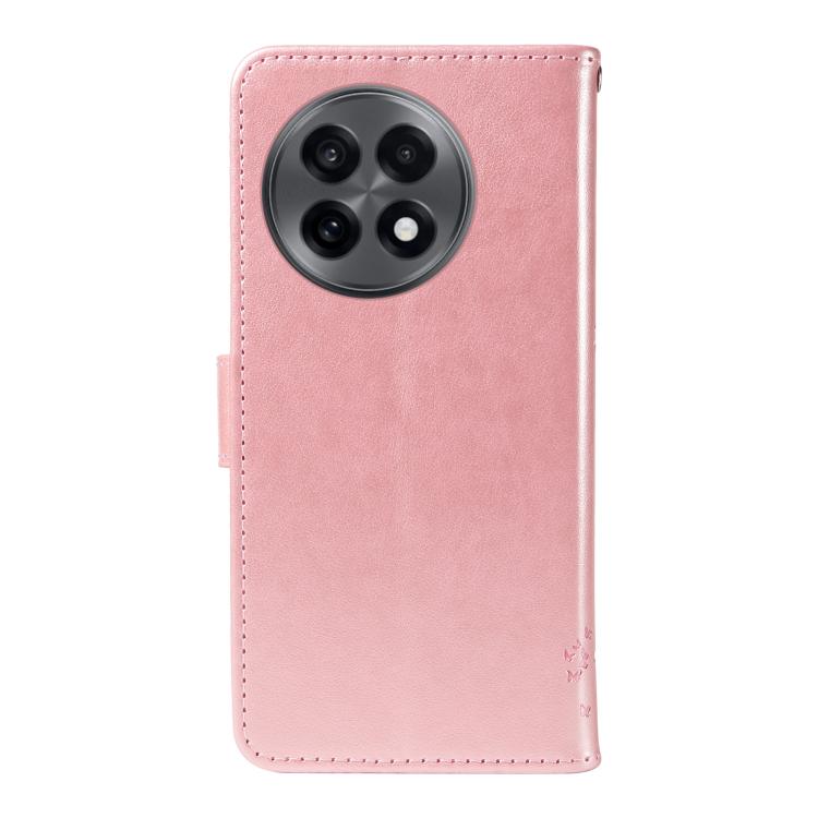 Funda de Cuero con Tapa para OnePlus 13R Global con Diseño Árbol y Gato en Relieve (Oro Rosa)