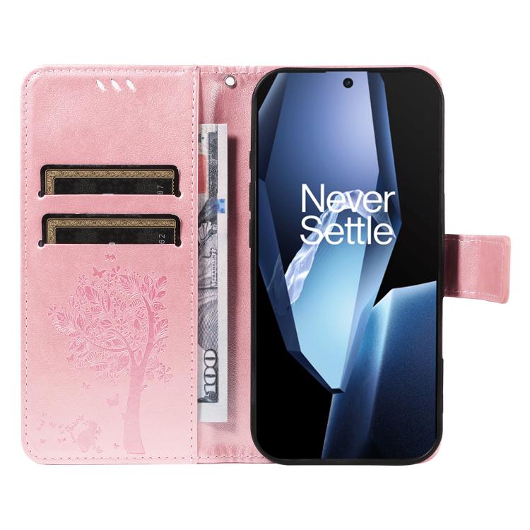 Funda de Cuero con Tapa para OnePlus 13R Global con Diseño Árbol y Gato en Relieve (Oro Rosa)