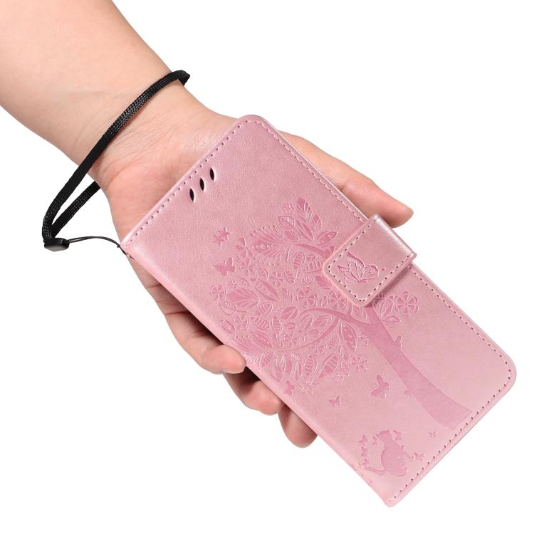 Funda de Cuero con Tapa para OnePlus 13R Global con Diseño Árbol y Gato en Relieve (Oro Rosa)