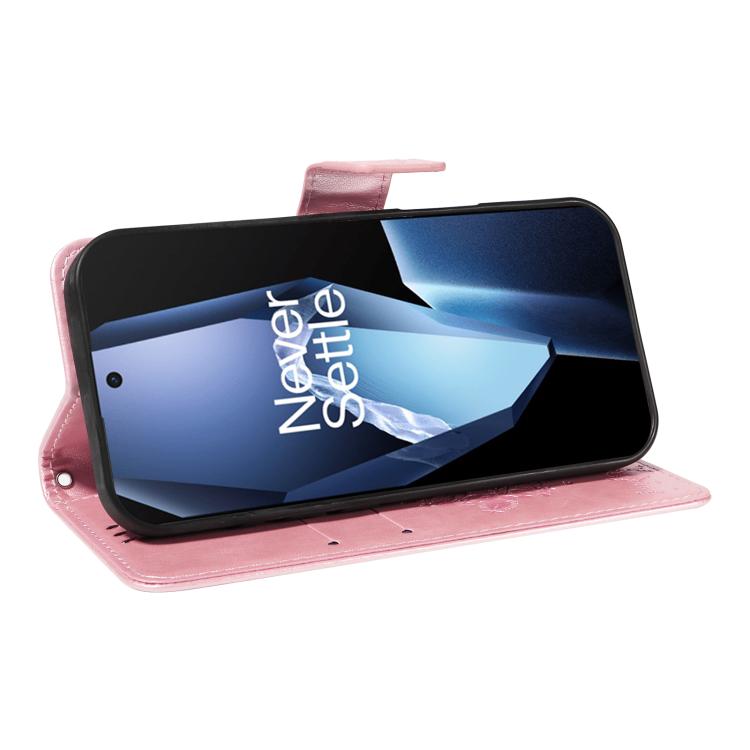 Funda de Cuero con Tapa para OnePlus 13R Global con Diseño Árbol y Gato en Relieve (Oro Rosa)