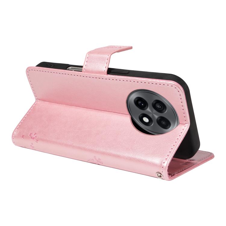 Funda de Cuero con Tapa para OnePlus 13R Global con Diseño Árbol y Gato en Relieve (Oro Rosa)