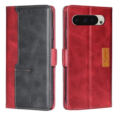 Funda de Cuero con Hebilla Lateral y Contraste para Google Pixel 9 (Rojo y Negro)