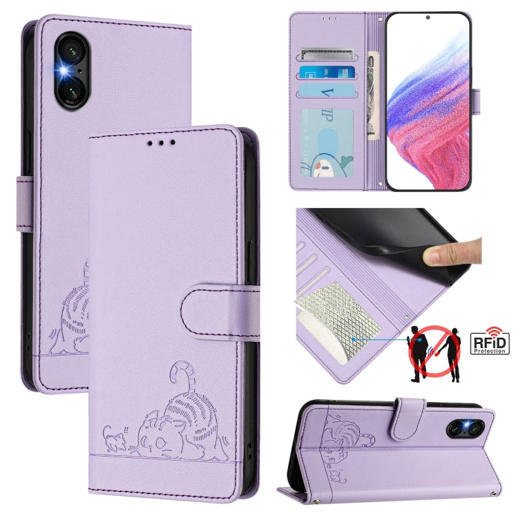 Funda de Cuero Rfid para Sony Xperia 5 Vi con Estampado de Rata y Gato en Relieve y Cordón (Morado)