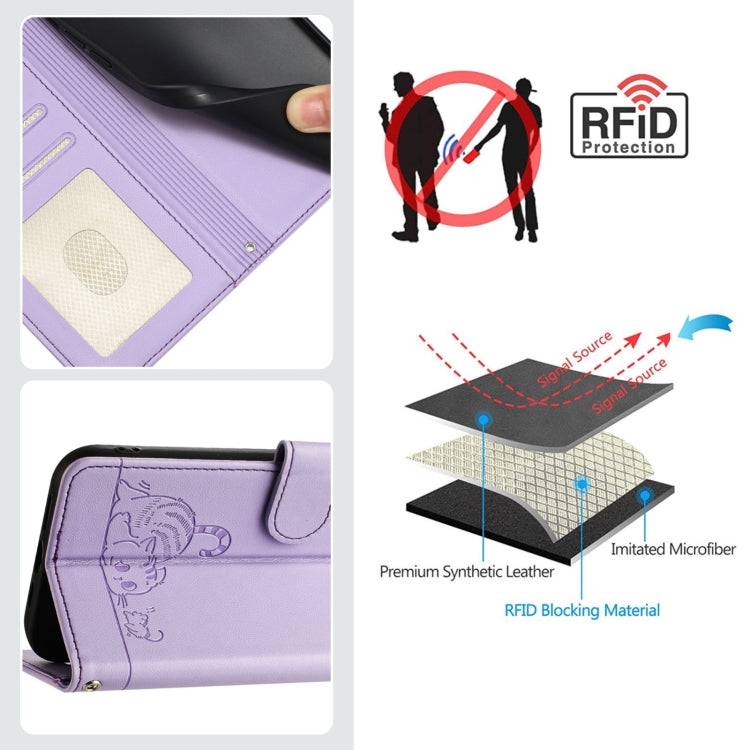 Funda de Cuero Rfid para Sony Xperia 5 Vi con Estampado de Rata y Gato en Relieve y Cordón (Morado)
