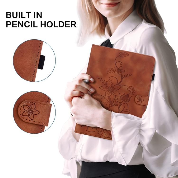 Funda de piel con relieve Lily para Redmi Pad 2 / Redmi Pad SE 11 2025 (marrón)
