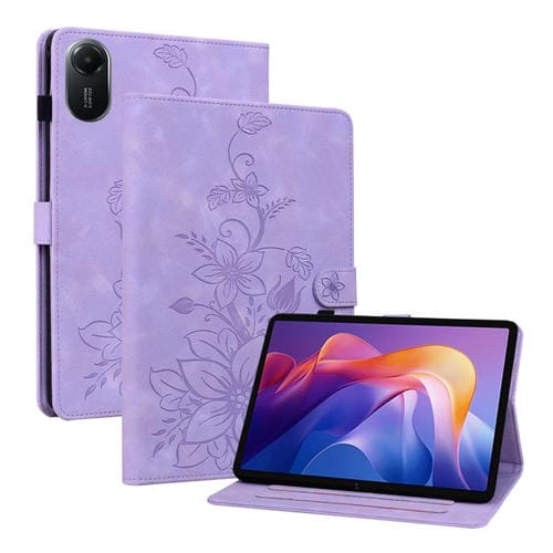 Funda de piel con relieve Lily para Redmi Pad 2 / Redmi Pad SE 11 2025 (morada)