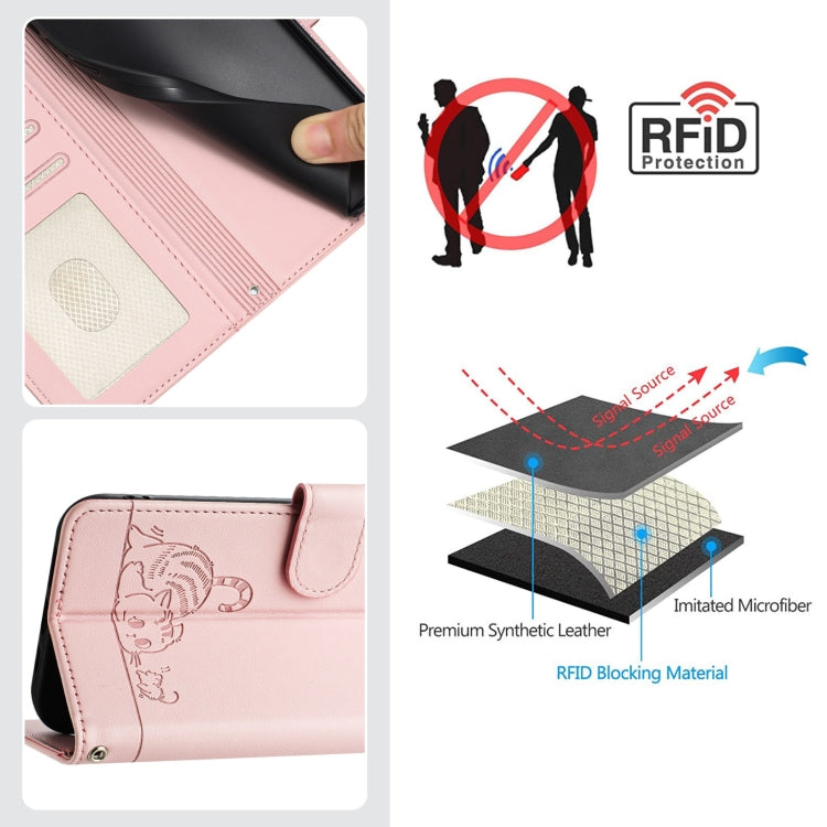 Funda Cuero Rfid Tecno Spark 30 5G Estampado Rata y Gato Relieve con Cordón (Rosa)