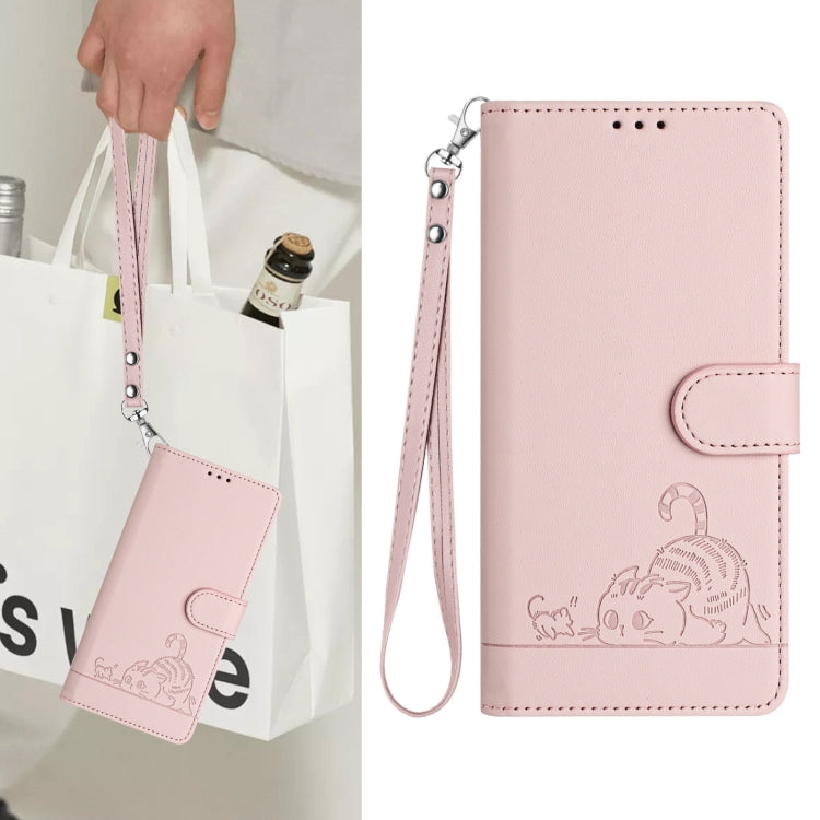 Funda Cuero Rfid Tecno Spark 30 5G Estampado Rata y Gato Relieve con Cordón (Rosa)