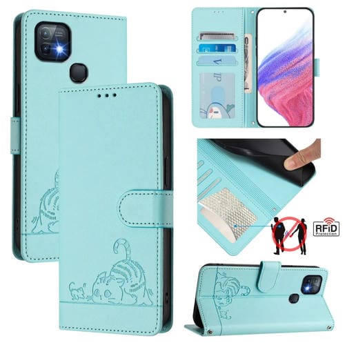 Funda de Cuero Rfid para Infinix Hot 10I con Estampado de Rata y Gato en Relieve y Cordón (Verde Menta)