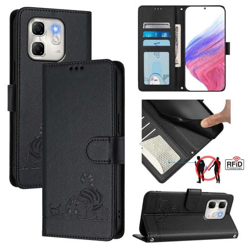 Funda de Cuero Rfid para Infinix Hot 50I 5G y Smart 9 4G con Estampado de Rata y Gato y Cordón (Negro)