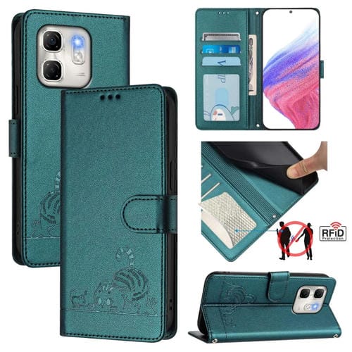 Funda de Cuero Rfid para Infinix Hot 50I 5G y Smart 9 4G con Estampado de Rata y Gato en Relieve y Cordón (Verde Pavo Real)