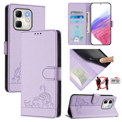 Funda de Cuero Rfid para Infinix Hot 50I 5G y Smart 9 4G con Estampado de Rata y Gato en Relieve y Cordón (Morado)