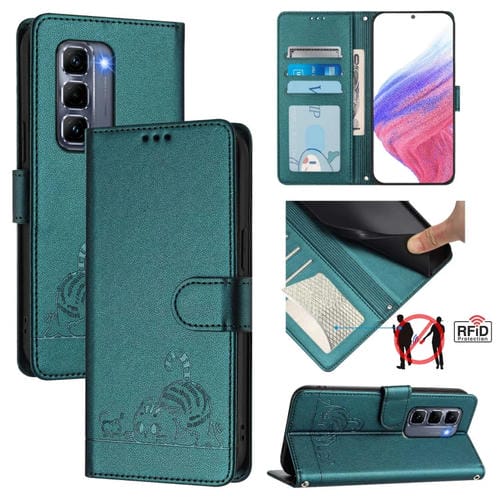 Funda de Cuero Rfid para Infinix Hot 50 Pro+ 4G con Estampado de Rata y Gato en Relieve y Cordón (Verde Pavo Real)