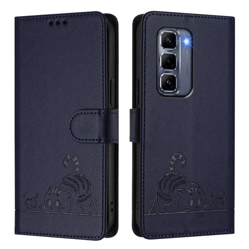 Funda de Cuero Rfid para Infinix Hot 50 Pro+ 4G con Estampado de Rata y Gato y Cordón (Azul)