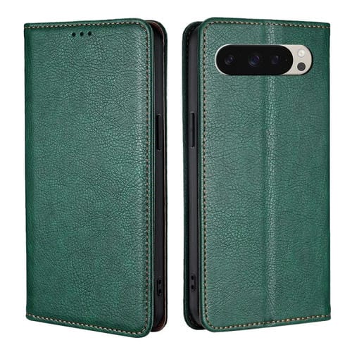 Funda de Cuero Magnética para Google Pixel 9 (Verde) con Acabado Brillante y Aceite