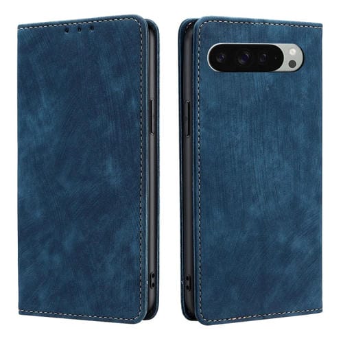 Funda de Cuero Magnética con Cepillo Antirrobo RFID para Google Pixel 9 Pro XL (Azul)