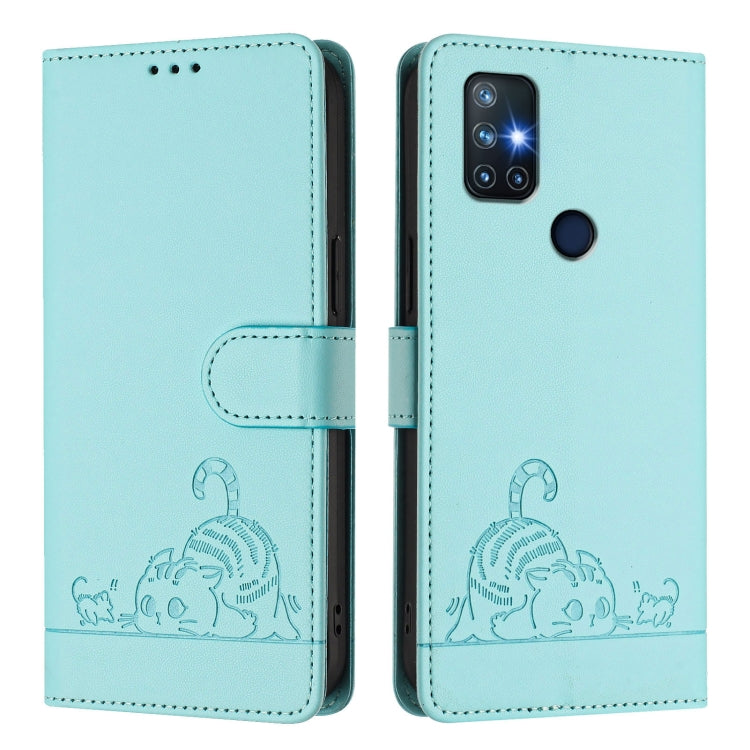 Funda de Cuero Rfid para OnePlus Nord N10 5G con Estampado de Rata y Gato en Relieve y Cordón (Verde Menta)