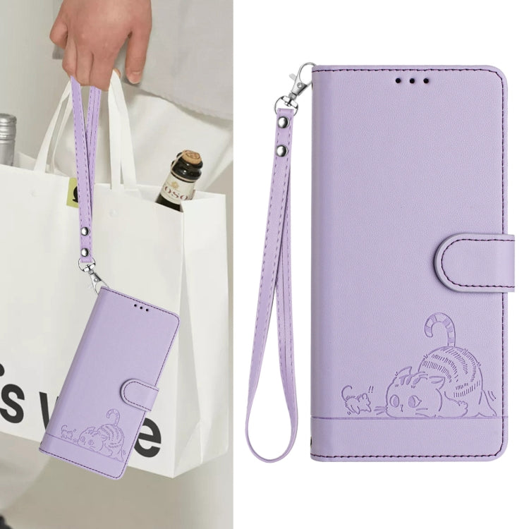 Funda de Cuero Rfid para OnePlus Nord N10 5G con Estampado de Rata y Gato y Cordón (Morado)