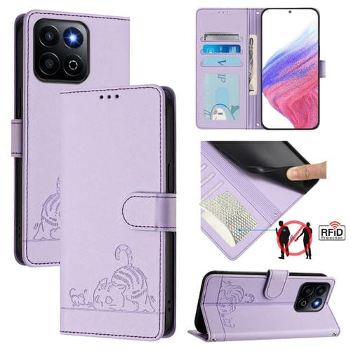 Funda de Cuero Rfid para Honor 200 Smart 5G Global con Estampado de Rata y Gato y Cordón (Morado)