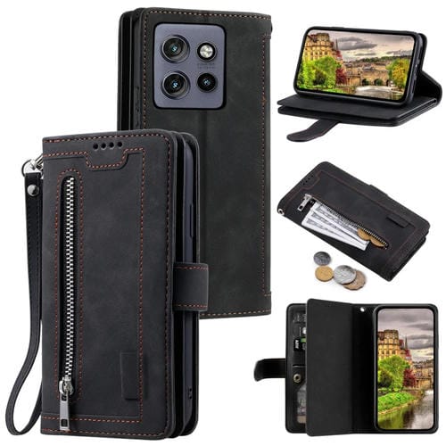 Funda de Cuero con Cremallera y Cordón para Motorola Edge 50 Neo Nine Card (Negro)