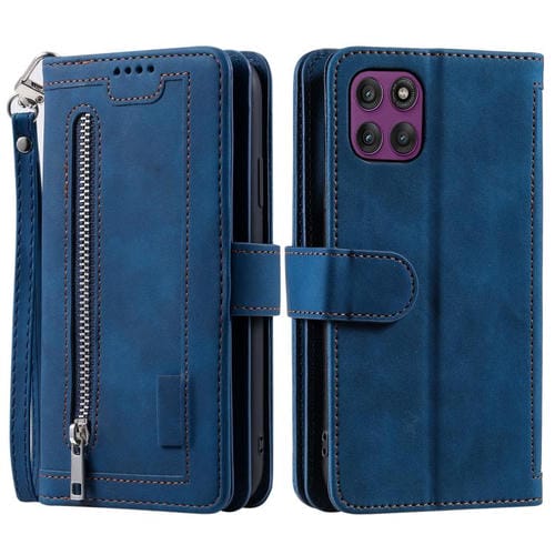 Funda de cuero con cremallera y cordón para Motorola Edge 60 Pro (azul)
