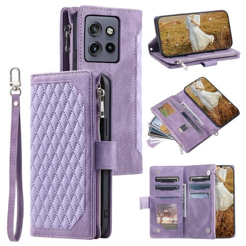 Funda de Cuero con Cremallera y Textura de Cuadrícula para Motorola Edge 50 Neo con Cordón (Morado)