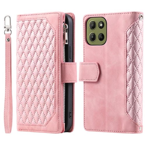 Funda de Cuero con Cremallera y Textura de Cuadrícula para Motorola Moto G15 con Cordón (Oro Rosa)