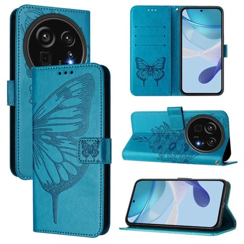 Funda de Cuero para Sharp Aquos R9 Pro/Sh-54E con Diseño de Mariposa en Relieve (Azul)