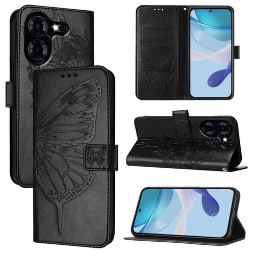 Funda de piel con diseño de mariposa en relieve para Tecno Pova 5 4G (negra)