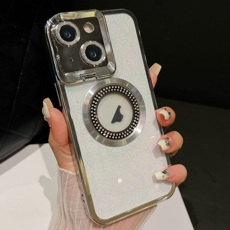 Estuche para Teléfono iPhone 15 con Soporte para Lente Magsafe Starry Glitter (Plateado) - MOVILSTORE