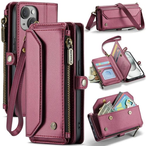 Estuche para iPhone 15 Caseme C36 Cartera con Ranuras para Tarjetas Cremallera Cuero Antirrobo Rfid (Rojo Vino) - MOVILSTORE