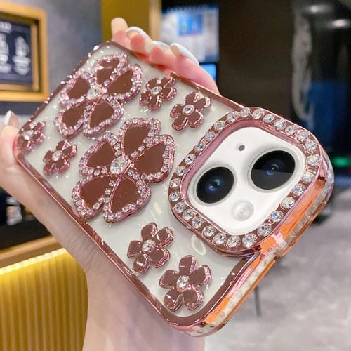 Funda para Teléfono TPU iPhone 15 con Diamantes y Flores Galvanizada (Rosa) - MOVILSTORE