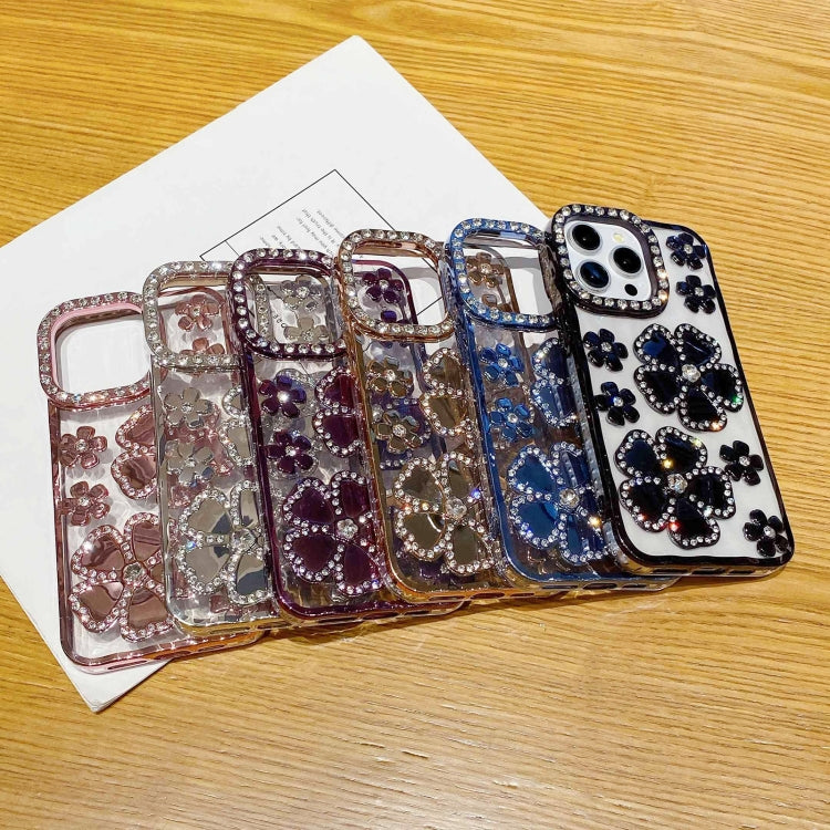 Funda para Teléfono TPU iPhone 15 con Diamantes y Flores Galvanizada (Azul) - MOVILSTORE