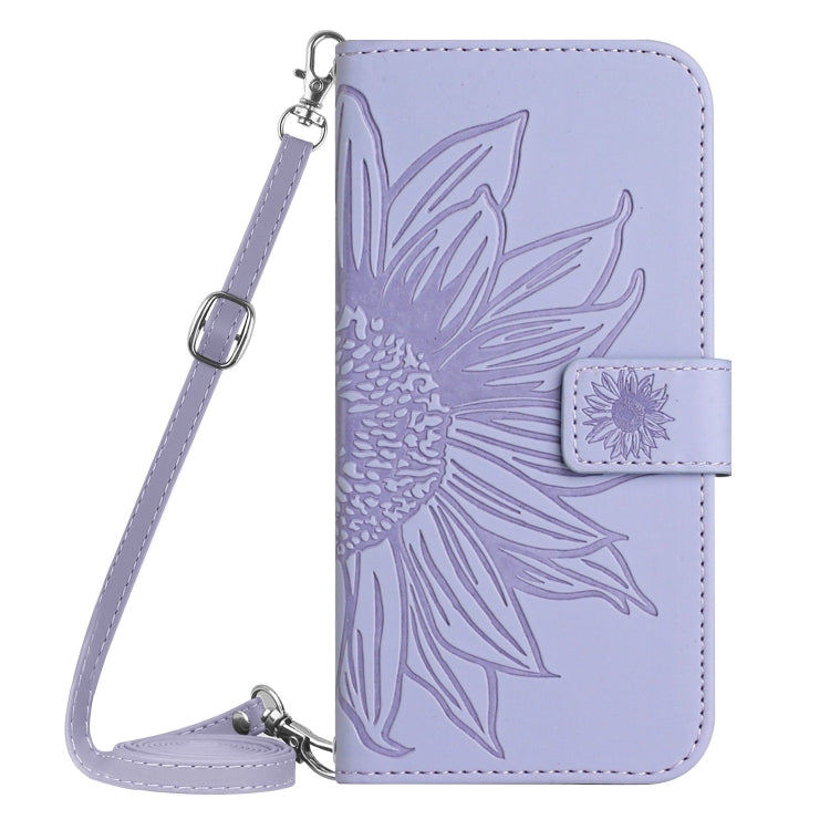 Funda de Cuero con Tapa y Cordón para Sharp Aquos Sense9 con Girasol en Relieve (Morado)