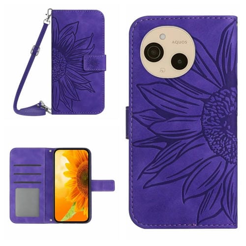 Funda de Cuero para Sharp Aquos Sense9 con Tapa y Cordón Diseño Girasol (Morado Oscuro)