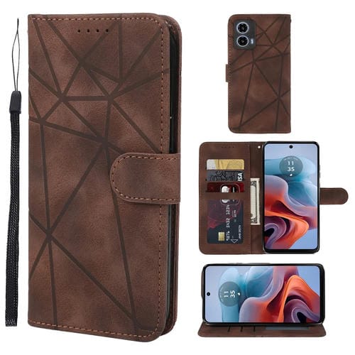 Funda de Cuero Motorola Moto G34 con Diseño Geométrico y Líneas (Marrón)