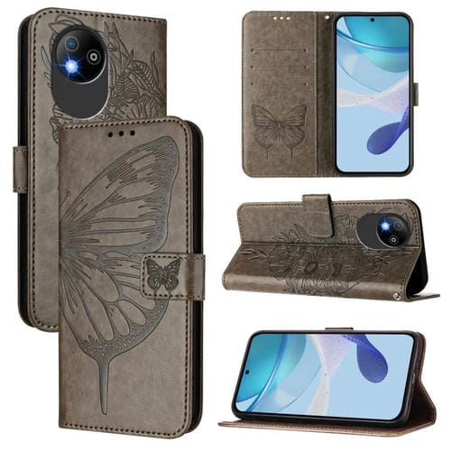 Funda de Cuero para ZTE Blade A35 Lite/A35 Core con Diseño de Mariposa en Relieve (Gris)